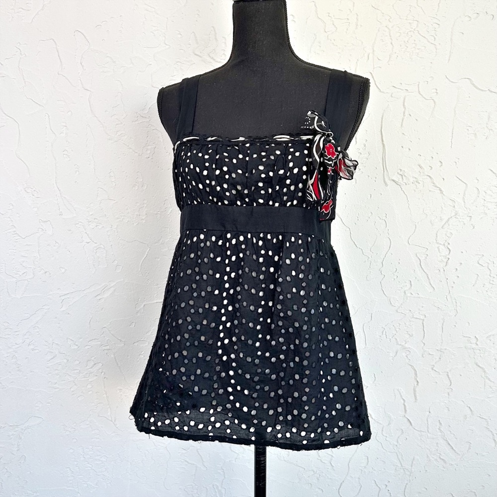 Vintage Y2K Black White Eyelet Polkadot Square Neck Babydoll Tank Top Medium